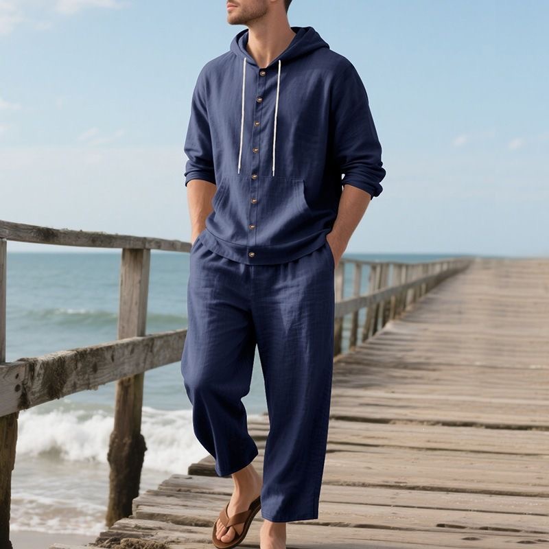 Linen Shirt Breathable - Herren Leinen Strand-Set Sommer Lässiges Kapuzenshirt