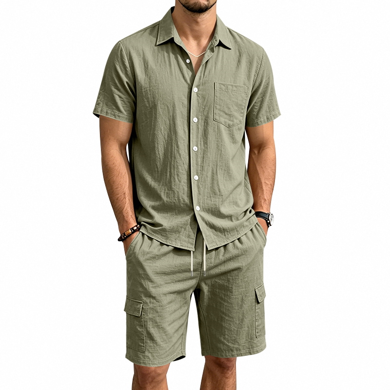 Short Linen Drawstring - Herren Sommer Amerikanisches Leinen Zweiteiler Set